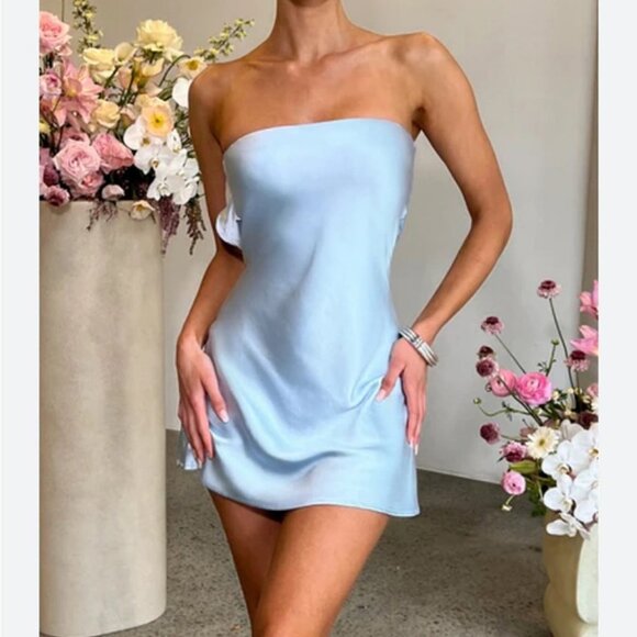 babyboo Dresses & Skirts - Babyboo Sana Mini Strapless Light Baby Blue Shiny Dress Women’s Size XS